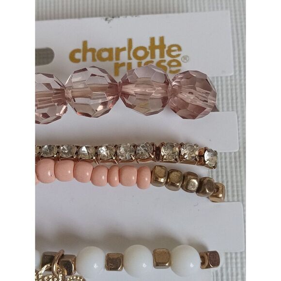 Charlotte Russe Set of 6 Gold Toned and Pink Assorted Beaded Elastic Bracelets - Picture 6 of 10